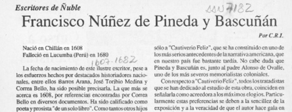 Francisco Núñez de Pineda y Bascuñán  [artículo] C. R. I.