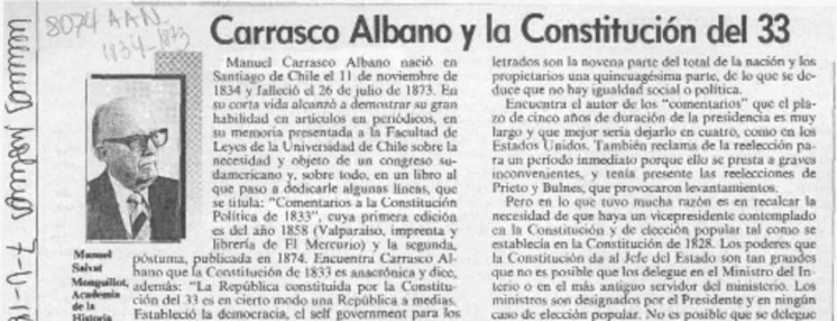 Carrasco Albano y la Constitución del 33  [artículo] Manuel Salvat Monguillot.