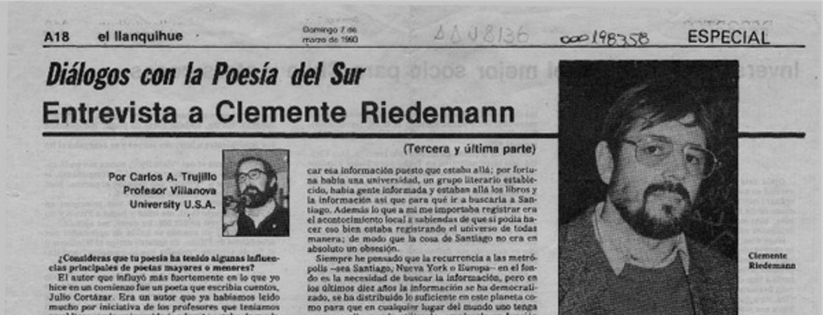 Entrevista a Clemente Riedemann  [artículo] Carlos A Trujillo.