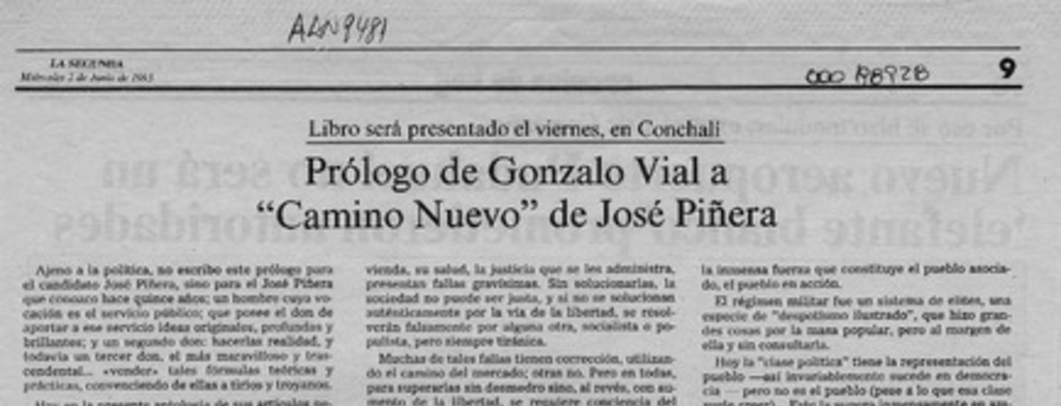 Prólogo de Gonzalo Vial a "Camino nuevo" de José Piñera  [artículo] Gonzalo Vial Correa.