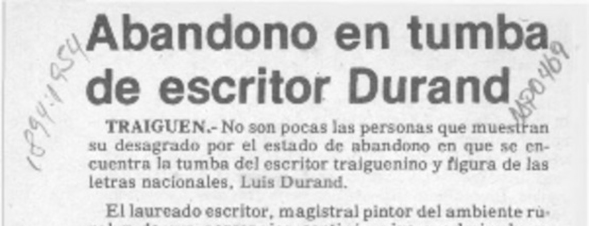 Abandono en tumba de escritor Durand  [artículo].