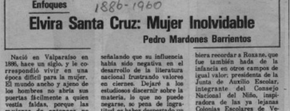 Elvira Santa Cruz, mujer inolvidable  [artículo] Pedro Mardones Barrientos.