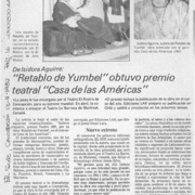 "Retablo de Yumbel" obtuvo premio teatral "Casa de las Américas"  [artículo].