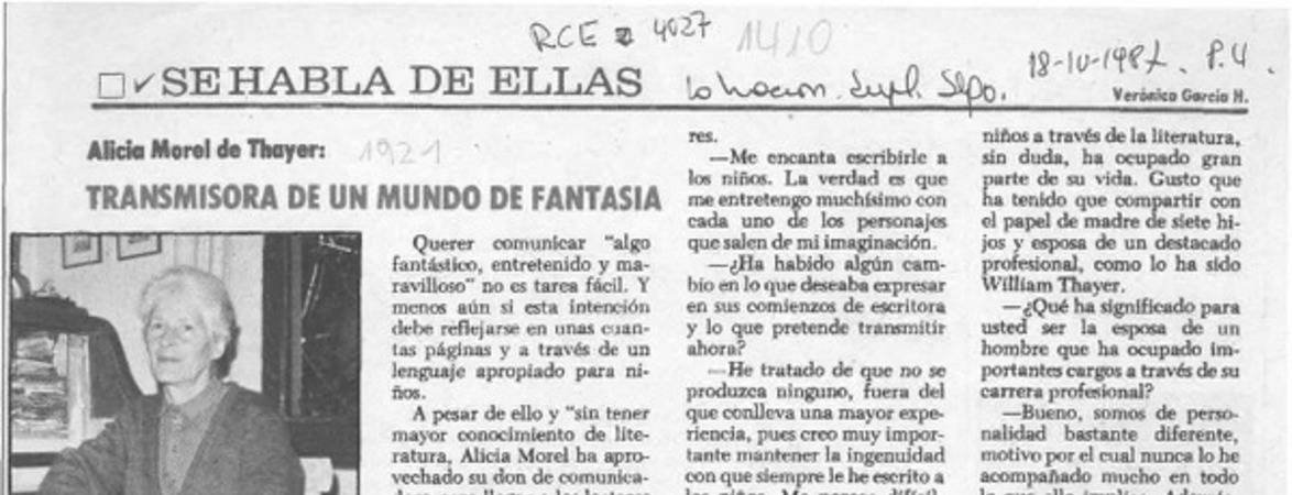 Alicia Morel de Thayer, transmisora de un mundo de fantasía  [artículo] Verónica García H.