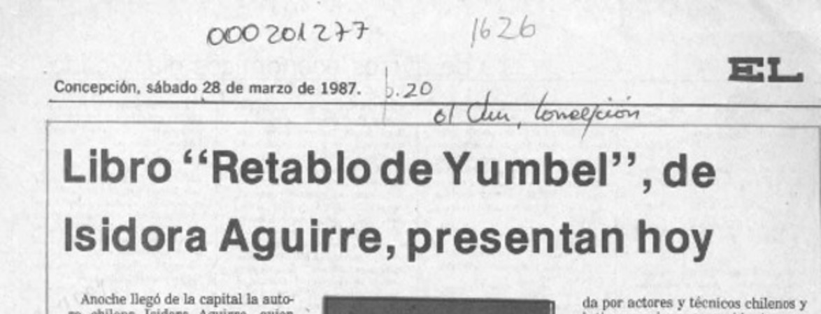 Libro "Retablo de Yumbel", de Isidora Aguirre, presentan hoy  [artículo].