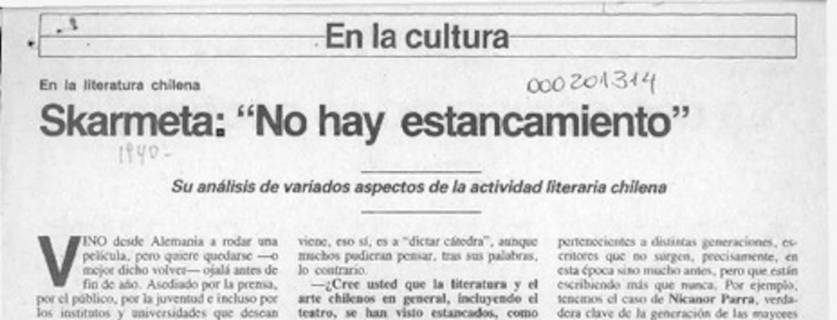 Skarmeta, "no hay estancamiento"  [artículo] Ana María Larraín.
