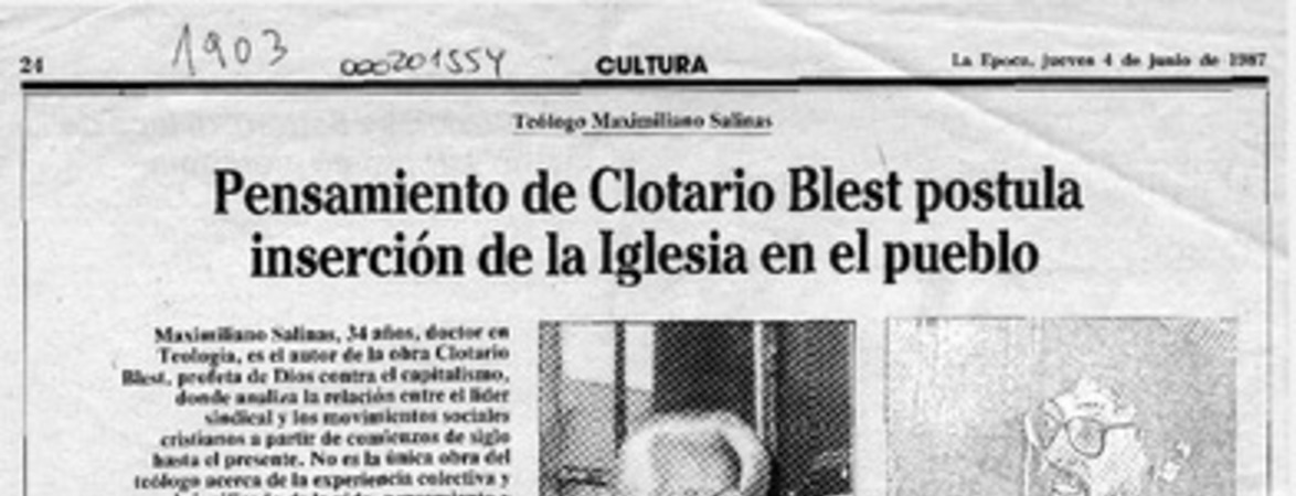 Pensamiento de Clotario Blest postula inserción de la Iglesia en el pueblo  [artículo] Maura Brescia.