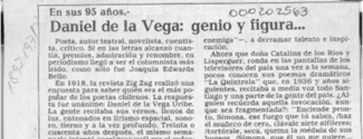 Daniel de la Vega, genio y figura --  [artículo] Oscar Guzmán Silva.