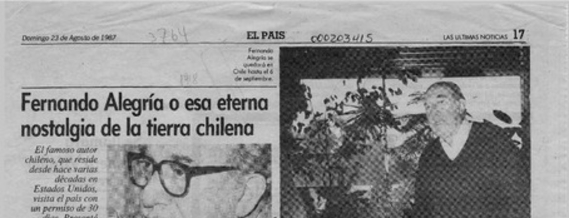 Fernando Alegría o esa eterna nostalgia de la tierra chilena