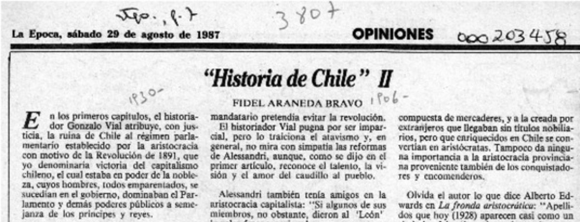 "Historia de Chile" II  [artículo] Fidel Araneda Bravo.