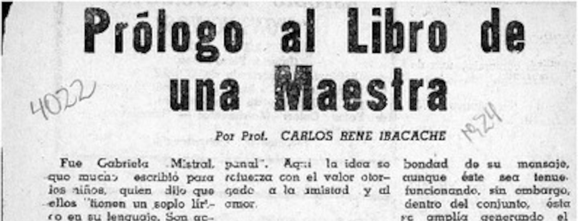 Prólogo al libro de una maestra  [artículo] Carlos René Ibacache.