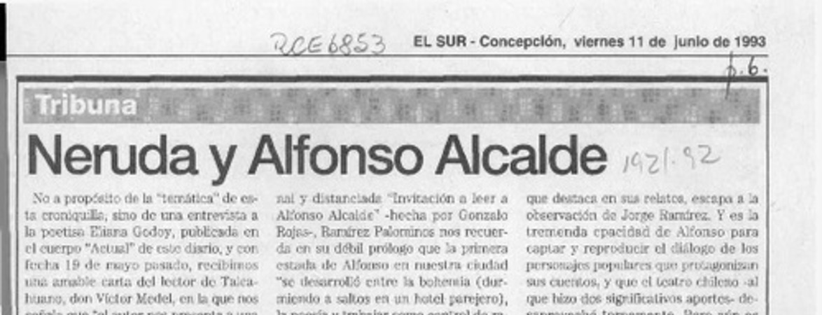 Neruda y Alfonso Alcalde  [artículo] Sergio Ramón Fuentealba.