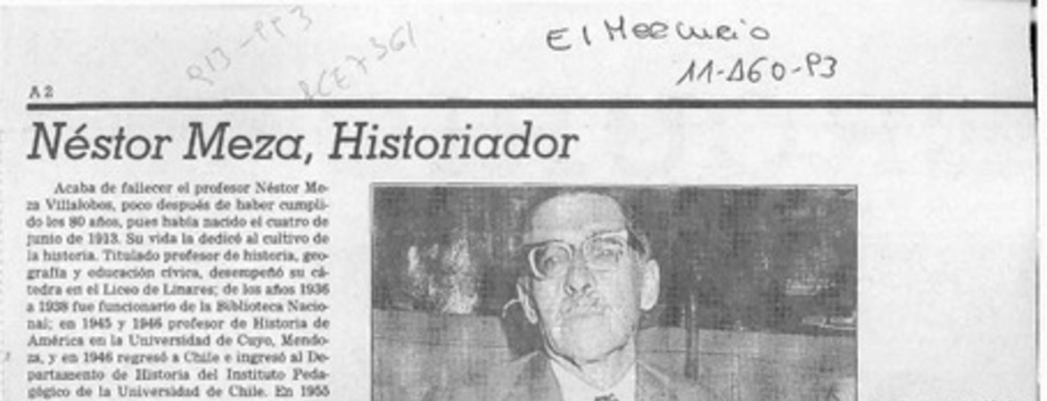 Néstor Meza, historiador  [artículo] Manuel Salvat Monguillot.
