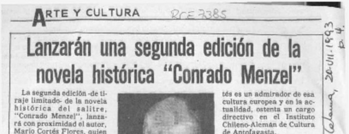 Lanzarán una segunda edición de la novela histórica "Conrado Menzel"  [artículo].