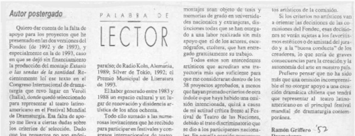 Autor postergado  [artículo] Ramón Griffero.