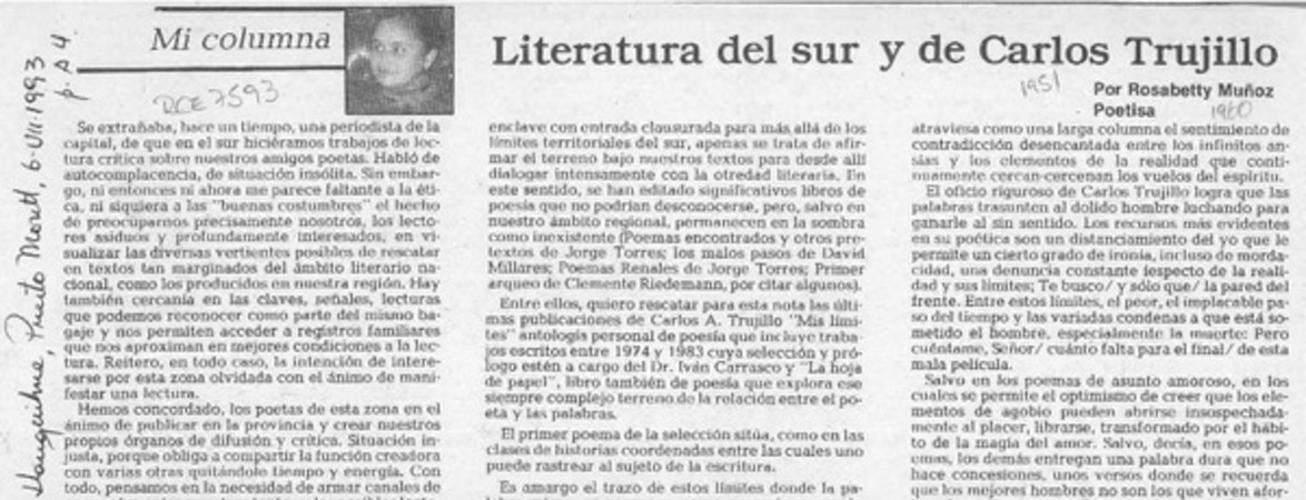 Literatura del sur y de Carlos Trujillo  [artículo] Rosabetty Muñoz.