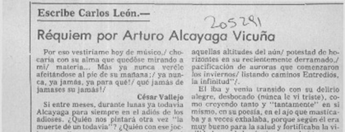 Réquiem por Arturo Alcayaga Vicuña  [artículo] Carlos León.