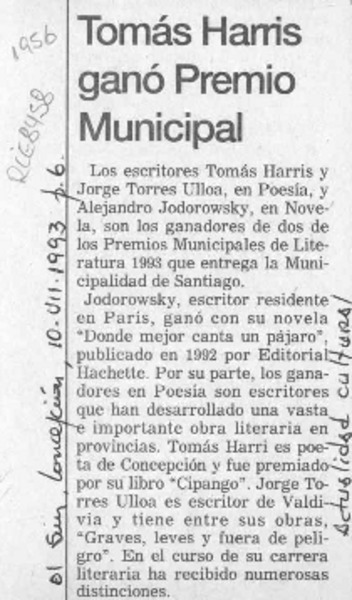 Tomás Harris ganó Premio Municipal  [artículo].