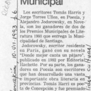Tomás Harris ganó Premio Municipal  [artículo].