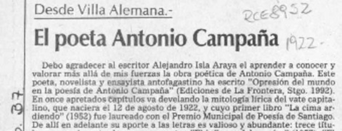 El poeta Antonio Campaña  [artículo] Pedro Mardones Barrientos.