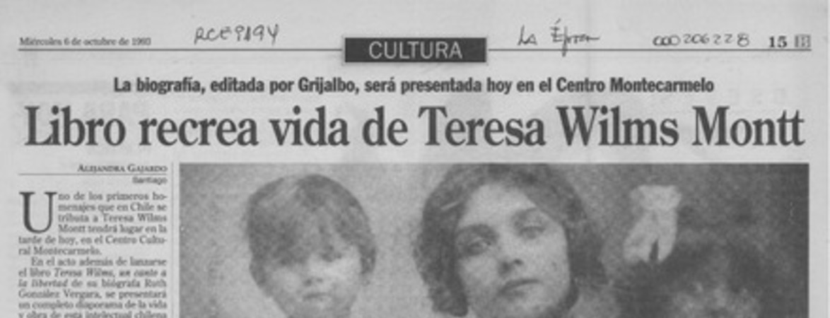 Libro recrea vida de Teresa Wilms Montt