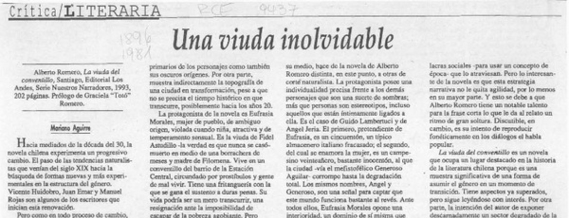 Una viuda inolvidable  [artículo] Mariano Aguirre.