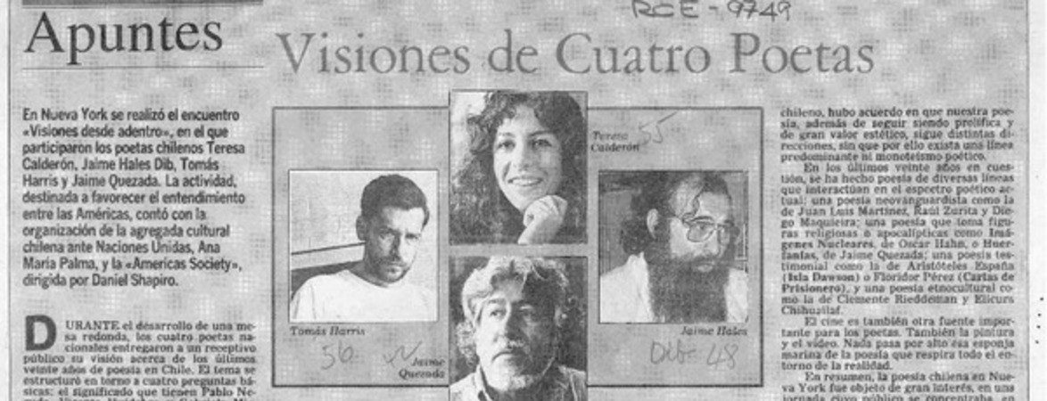 Visiones de cuatro poetas  [artículo] Tomás Harris.