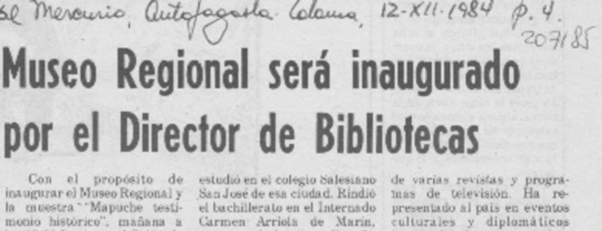 Museo regional será inaugurado por el Director de Bibliotecas