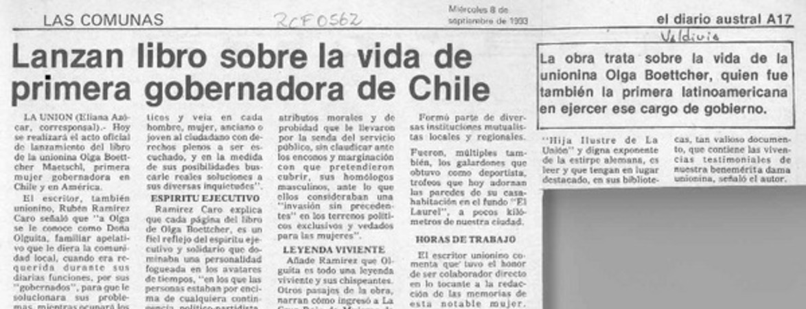 Lanzan libro sobre la vida de primera gobernadora de Chile  [artículo] Eliana Azócar.