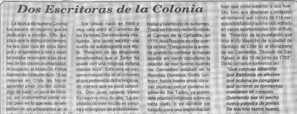 Dos escritoras de la Colonia  [artículo].