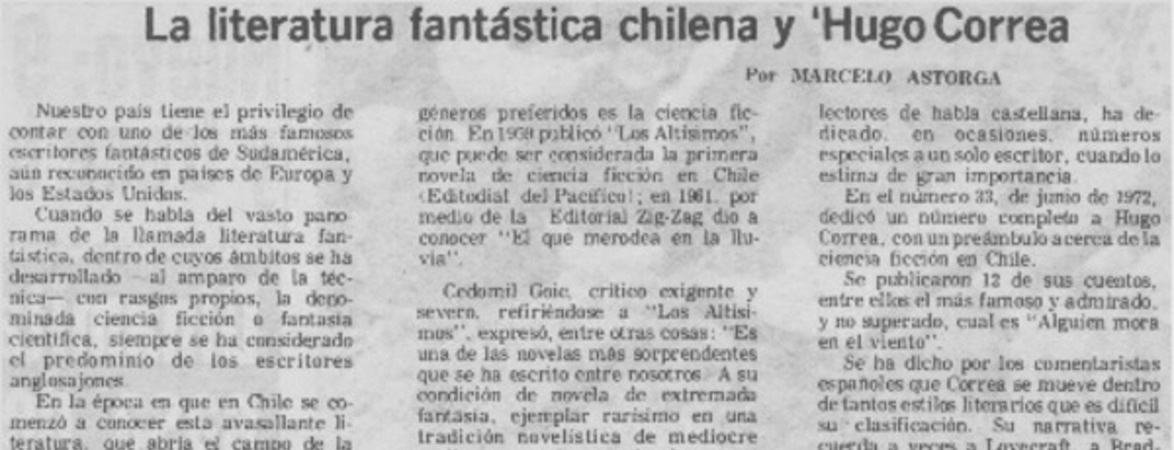 La literatura fantástica chilena y Hugo Correa