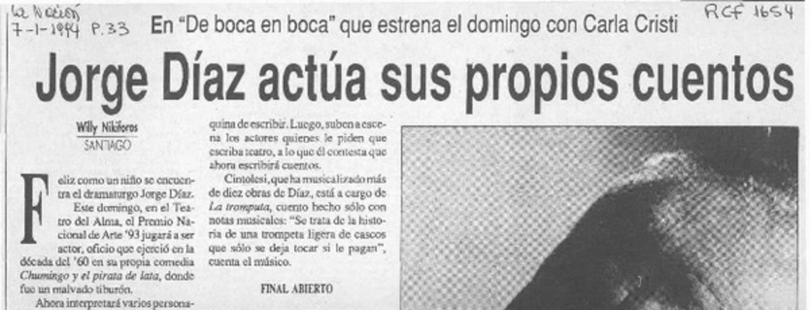 Jorge Díaz actúa sus propios cuentos  [artículo] Willy Nikiforos.
