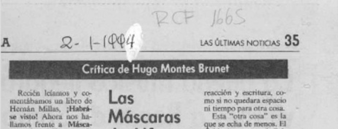 Las máscaras de Alfonso Calderón  [artículo] Hugo Montes Brunet.