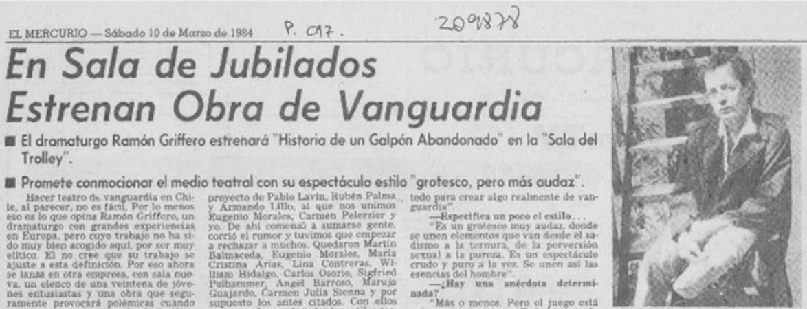 En sala de jubilados estrenan obra de vanguardia : [entrevista]
