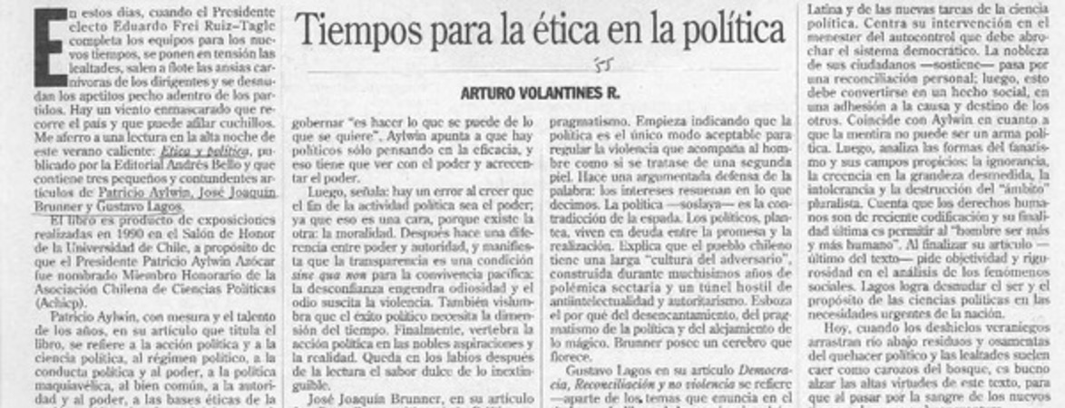Tiempos para la ética en la política  [artículo] Arturo Volantines R.