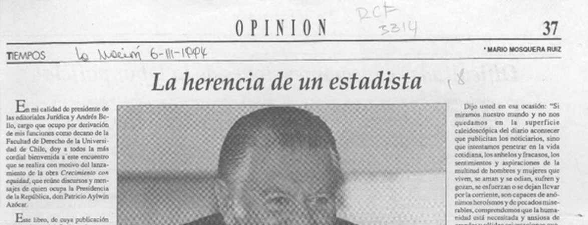 La herencia de un estadista  [artículo] Mario Mosquera Ruiz.