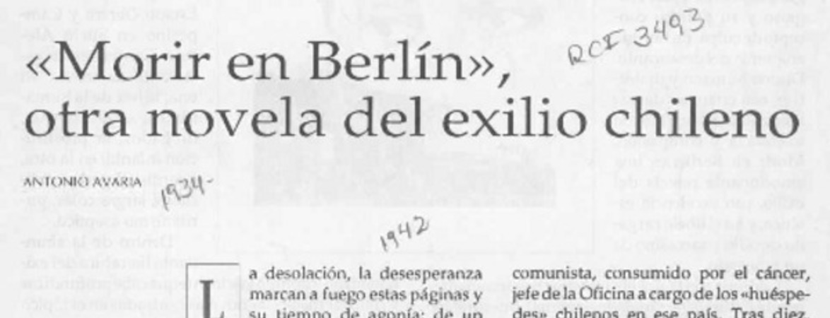 "Morir en Berlín", otra novela del exilio chileno  [artículo] Antonio Avaria.
