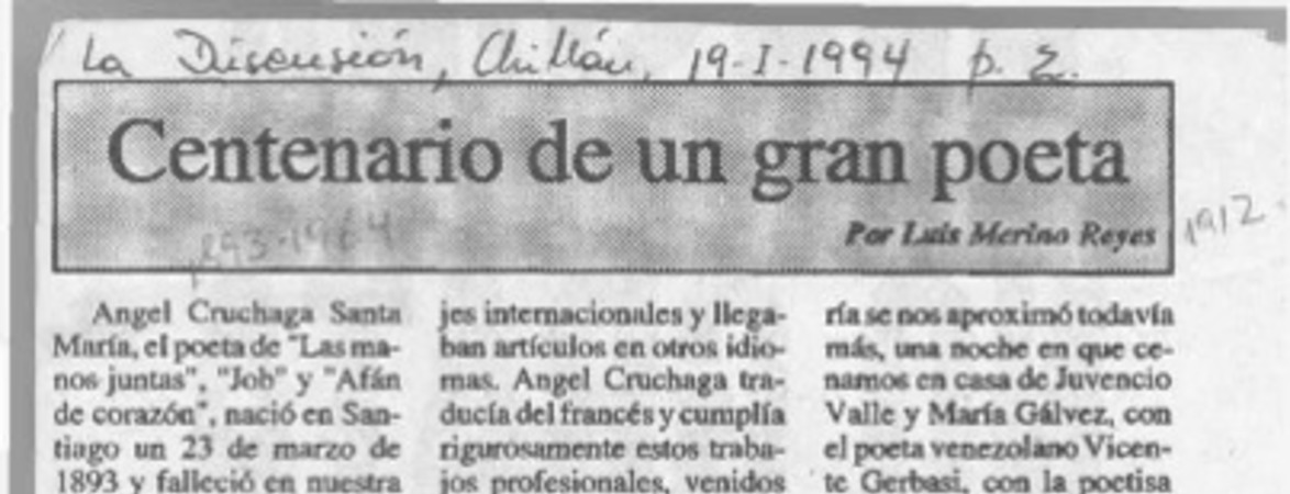 Centenario de un gran poeta  [artículo] Luis Merino Reyes.