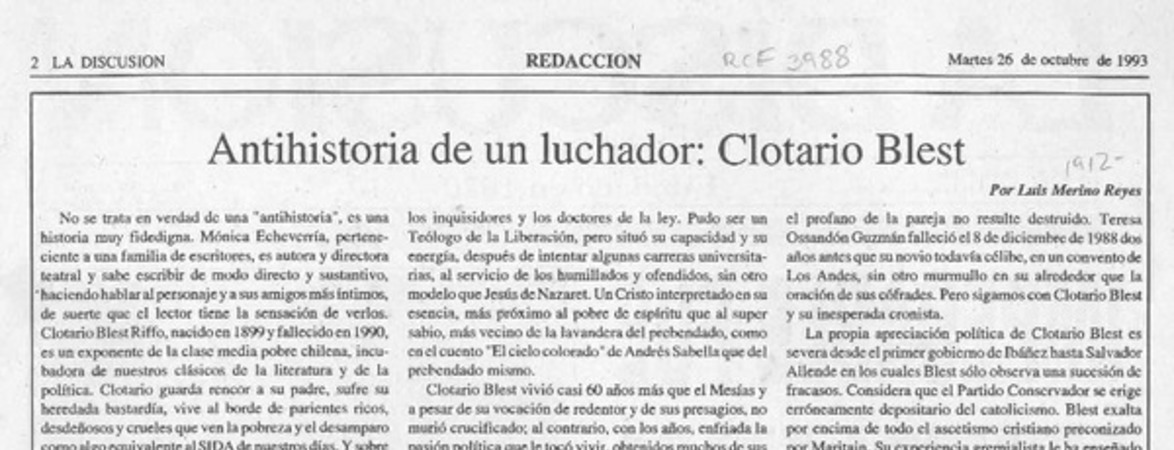 Antihistoria de un luchador, Clotario Blest  [artículo] Luis Merino Reyes.