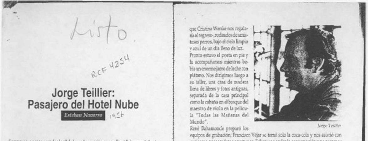Jorge Teillier, pasajero del Hotel Nube  [artículo] Esteban Navarro.