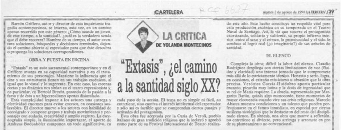 "Extasis", el camino a la santidad siglo XX?  [artículo] Yolanda Montecinos.