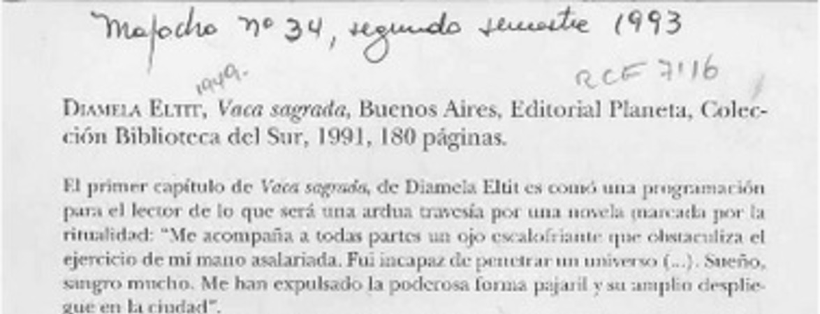 Diamela Eltit, "Vaca sagrada"  [artículo] Tomás Harris.