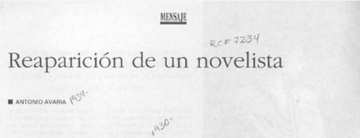 Reaparición de un novelista  [artículo] Antonio Avaria.