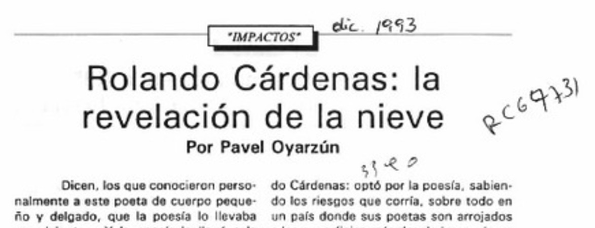 Rolando Cárdenas, la revelación de la nieve  [artículo] Pavel Oyarzún.