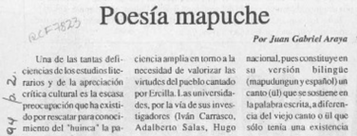 Poesía mapuche  [artículo] Juan Gabriel Araya.