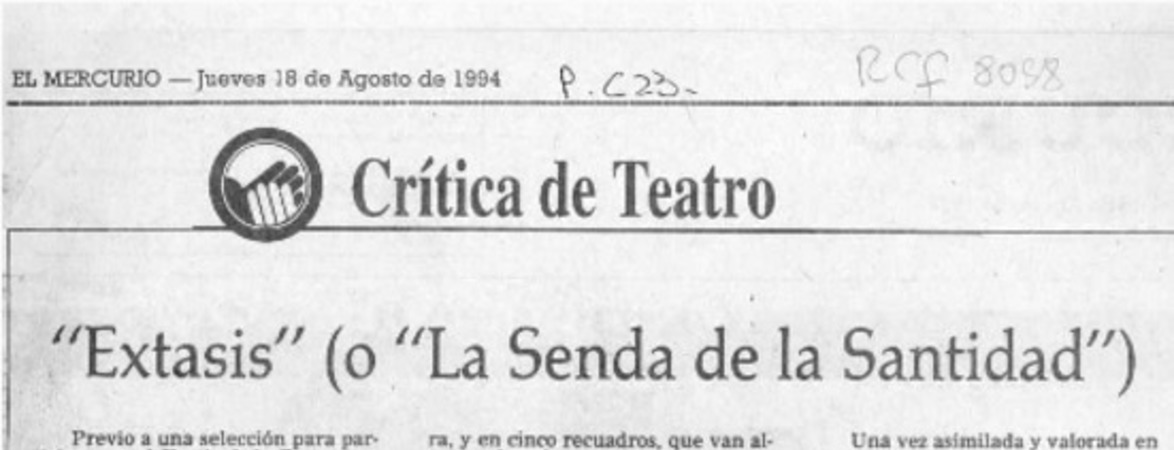 "Extasis" (o "La senda de la santidad")  [artículo] Carola Oyarzún L.