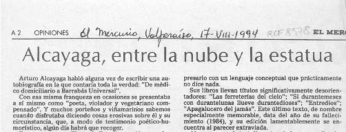 Alcayaga, entre la nube y la estatua  [artículo] Antonio Pedrals.