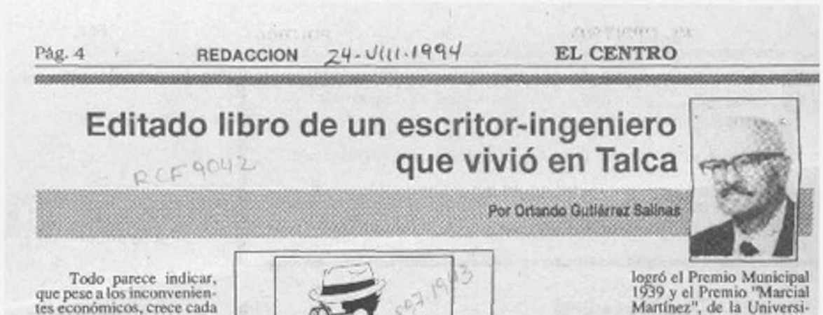 Editado libro de un escritor-ingeniero que vivió en Talca  [artículo] Orlando Gutiérerz Salinas.