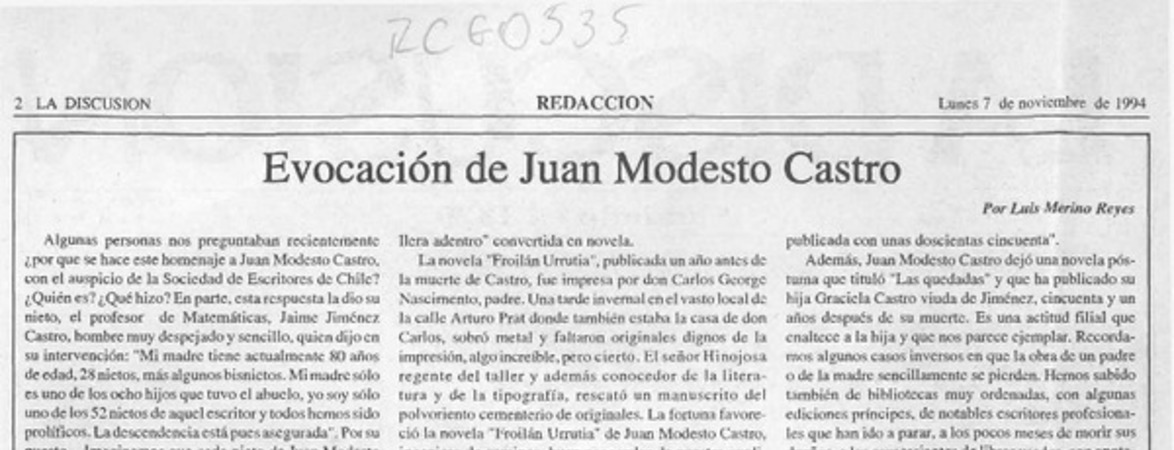 Evocación de Juan Modesto Castro  [artículo] Luis Merino Reyes.