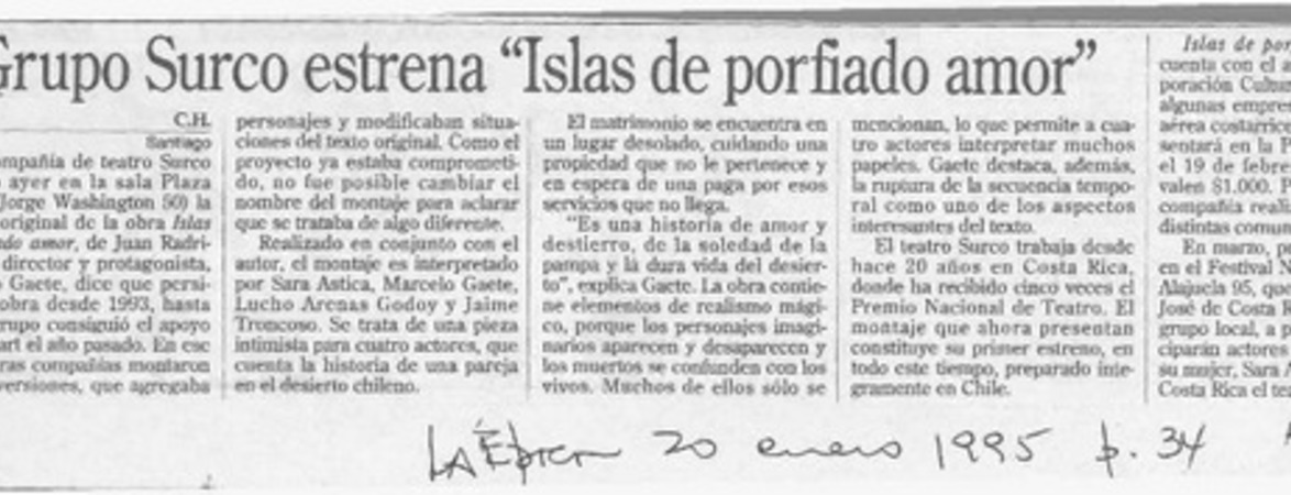 Grupo Surco estrena "Islas de porfiado amor"  [artículo] C. H.
